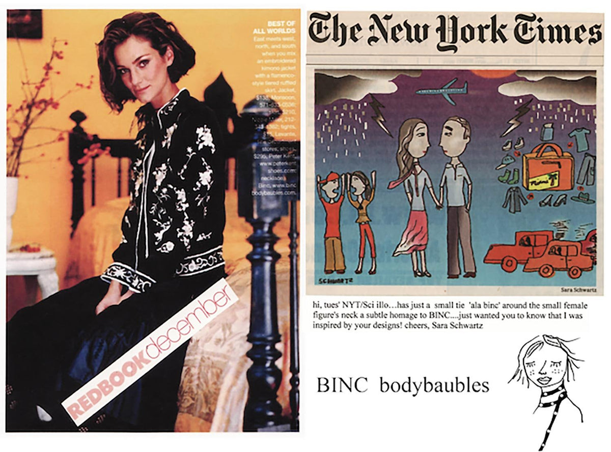 Side-by-side editorial collage featuring a Redbook magazine photo of a model in an embroidered kimono jacket styled with handmade jewelry, and a New York Times illustration with a handwritten note from artist Sara Schwartz, referencing her visual tribute to BINC Bodybaubles in the character's neck accessory.