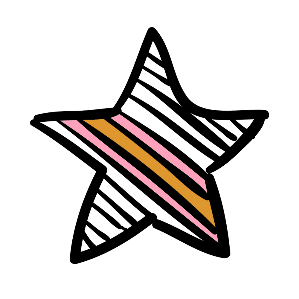 A playful, hand-drawn star icon featuring bold black outlines and alternating stripes of soft pink and golden yellow. The uneven lines and whimsical shape give it a fun, stylish feel.