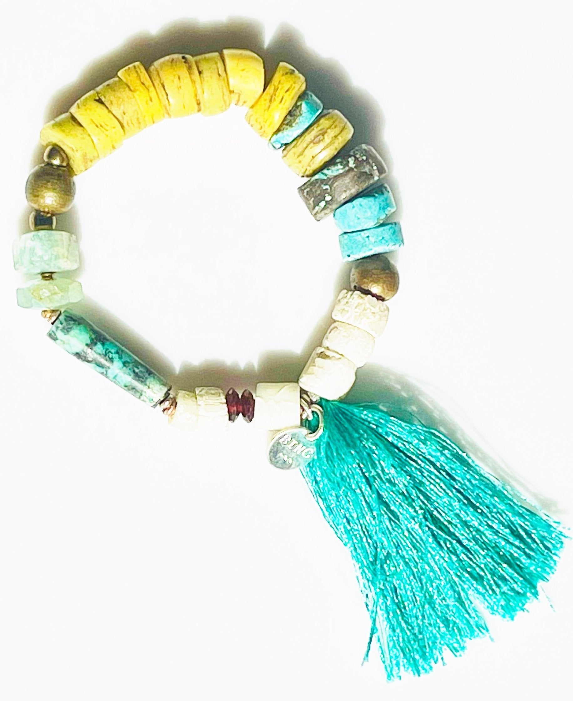 EMERY Bracelet Fine Gems Crystals Silk Teal Tassel Antique Beads